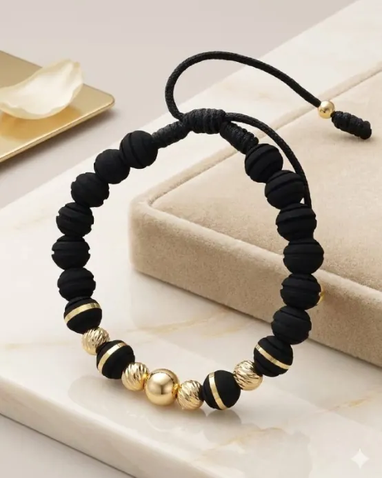 Pulsera Esferas Negras Estriadas
