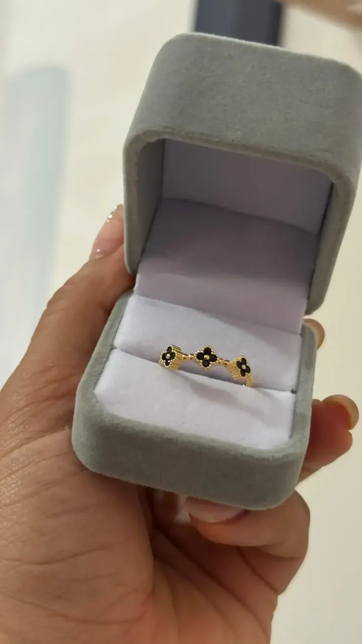 Anillo 3 Tréboles Ónix Negro Ajustable