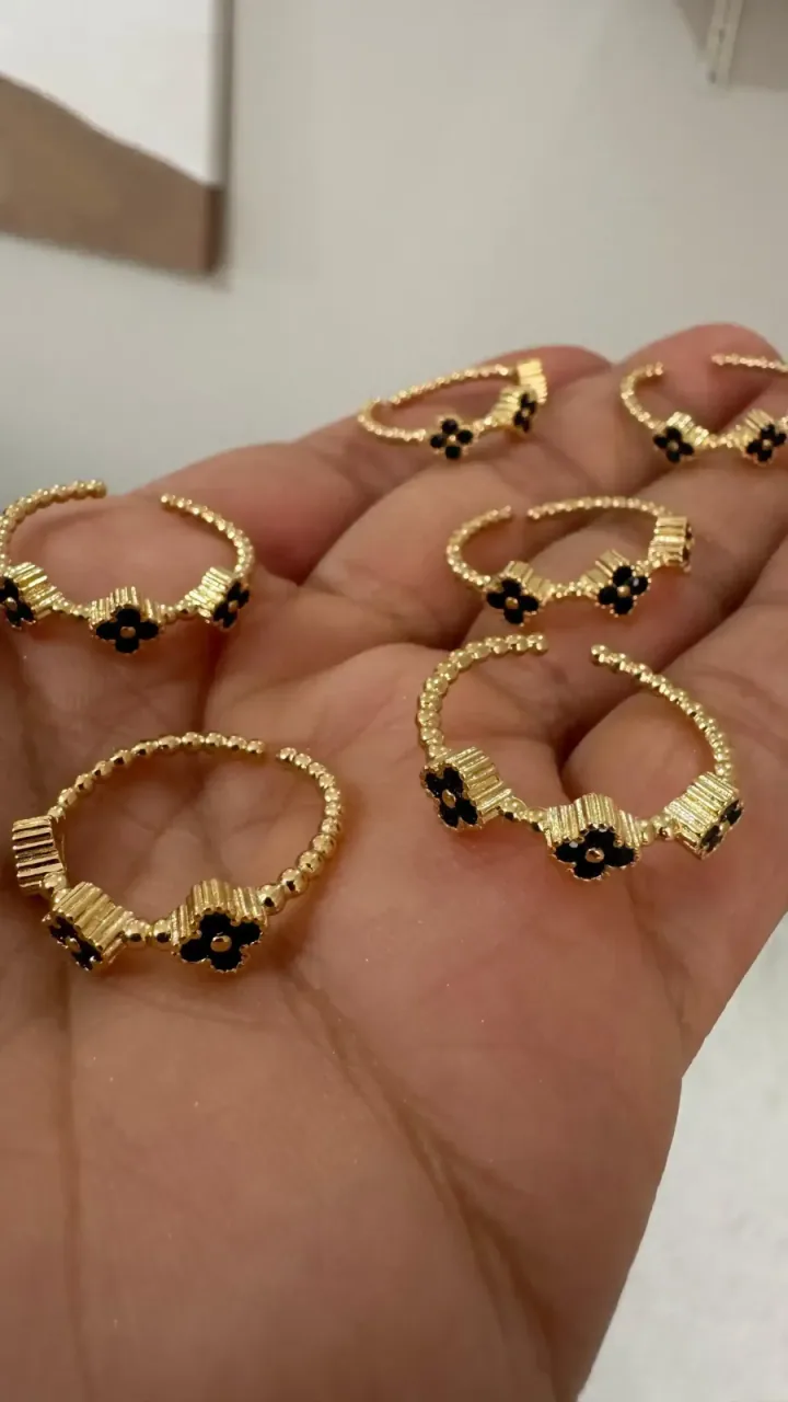 Anillo 3 Tréboles Ónix Negro Ajustable — foto 2