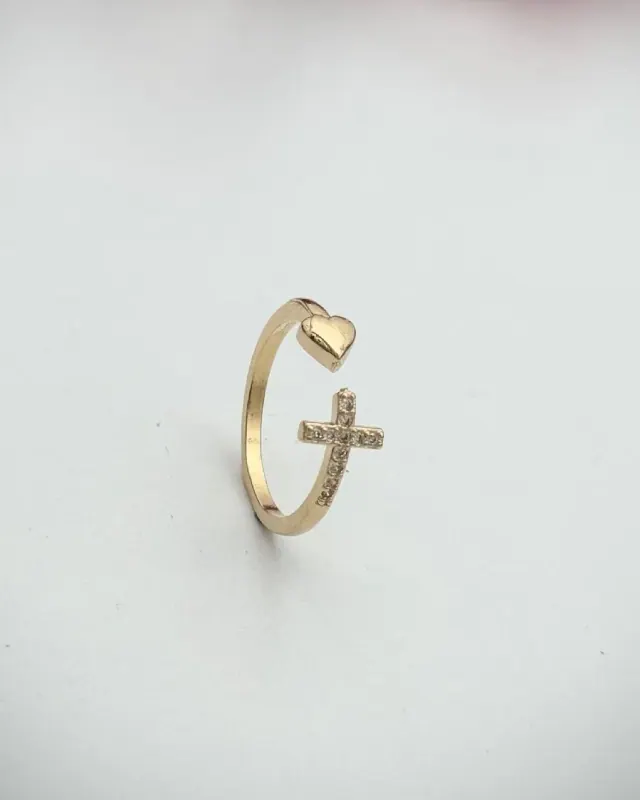 Anillo Corazón Liso y Cruz Circón Ajustable
