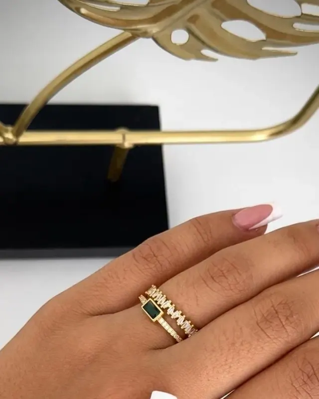 Anillo Doble Circón Verde y Cristal Ajustable