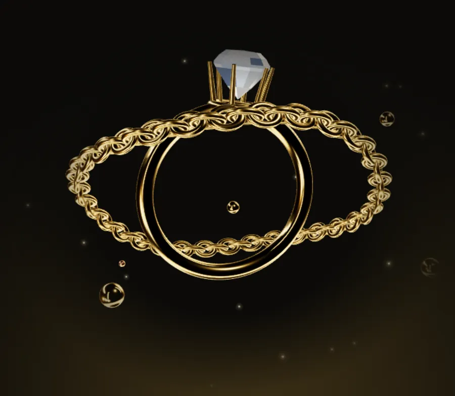 Anillo de oro con diamante y cadena girando a su alrededor